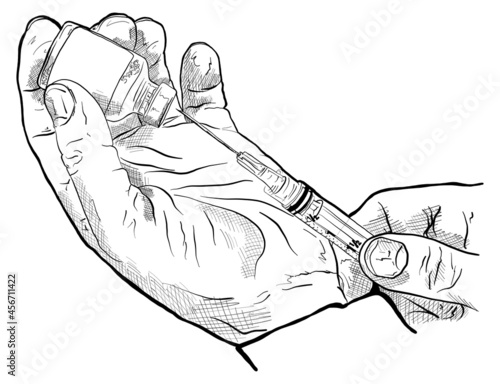 Coronavirus vaccination, doctor injecting a patient, getting first shot of COVID vaccine in arm muscle.Design by doctor hands with medical gloves holding yellow vaccine bottle and syringe.