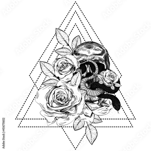 Bouquet of roses, snake and skull. Botanical line art illustration. Sketch. Gothic vintage tattoo.
