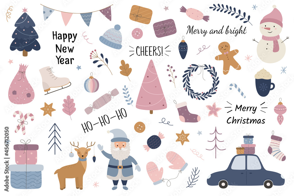 Christmas set. Happy New Year. Santa Claus, Snowman, deer, car with gifts, Christmas tree, skates, wreath, mittens, knitted hat, Christmas toys, ginger man. Vector illustration