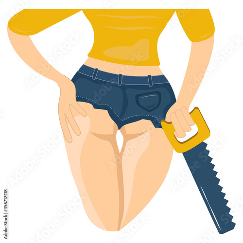 Sexy girl with a saw in her hands. Back view. A woman in short shorts and a yellow T-shirt with a work tool. Isolated vector illustration. To advertise building stores, profession. Banner poster flyer