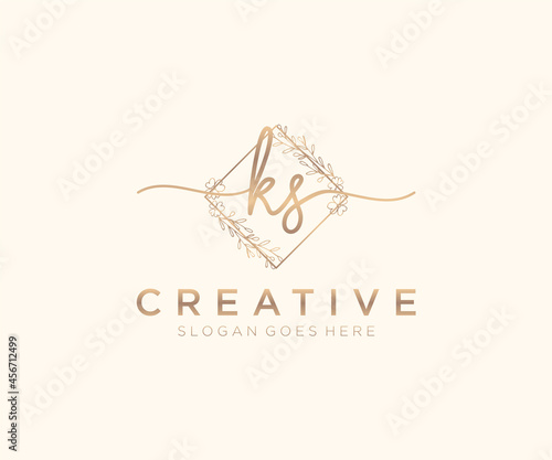 initial KS Feminine logo beauty monogram and elegant logo design, handwriting logo of initial signature, wedding, fashion, floral and botanical with creative template.