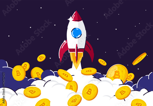 Template of a rocket flying into space, with gold coins of cryptocurrency, the rise of the price of cryptocurrency, earn on cryptocurrency