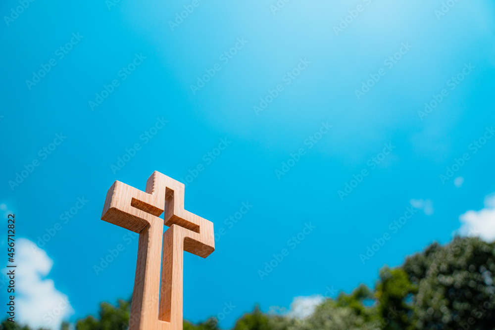 The blue autumn sky and the Wooden Cross. The blue autumn sky and the Wooden Cross.
