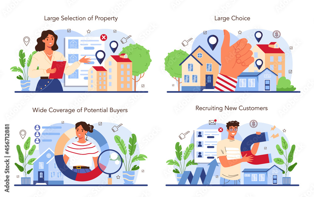 Real estate industry set. Idea of wide selection of house for sale and rent. Real estate industry set. Idea of wide selection of house for sale and rent.