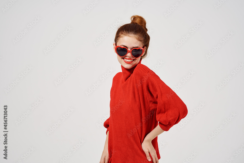 woman modern style sunglasses light background woman modern style sunglasses light background