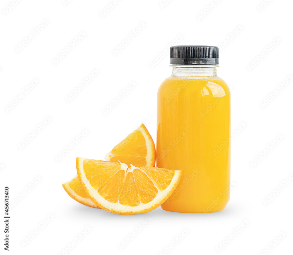 The bottle of orange juice and slices of orange isolated on white background
The bottle of orange juice and slices of orange isolated on white background