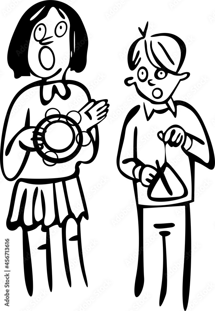 Music lesson in the classroom. Students play instruments, a triangle and a tambourine
Music lesson in the classroom. Students play instruments, a triangle and a tambourine