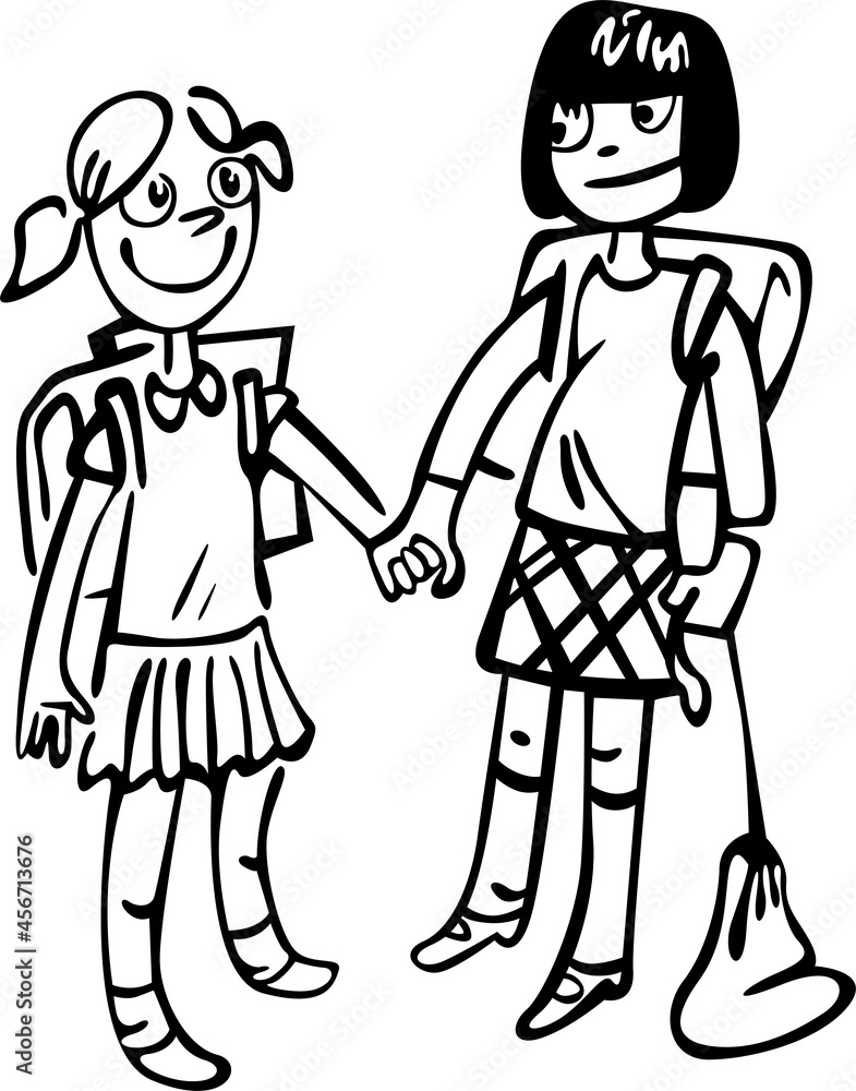 Two friends are holding hands and going to school together. They have schoolbags on their backs and they are smiling
Two friends are holding hands and going to school together. They have schoolbags on their backs and they are smiling