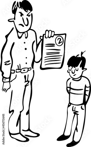 The father is angry with his son for the test results. shows him the test and the boy stands with his head lowered
