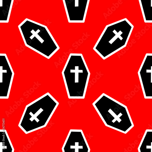 pattern with coffins and crosses on a red backdrop