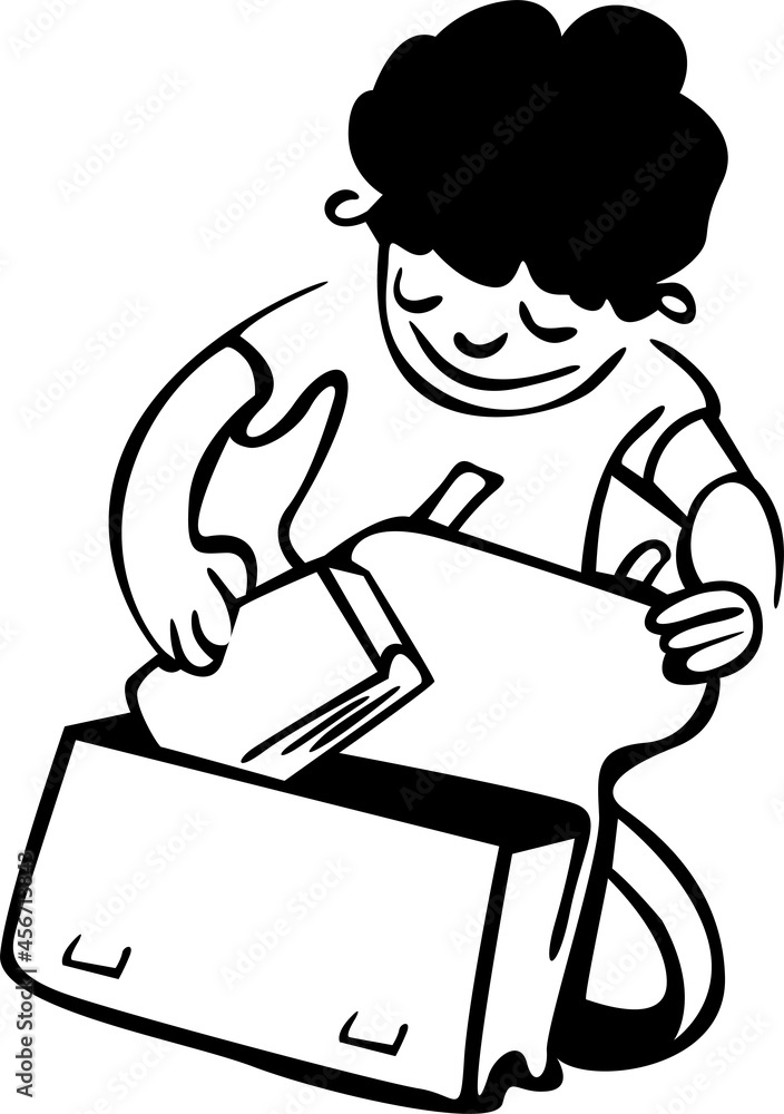 The boy is packing the school bag for school. He puts books and a breakfast box in it
