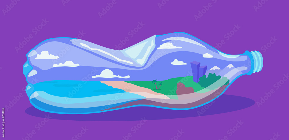 Plastic pollution ecological problem concept. A landscape inside a plastic bottle. Aquatic ecology contamination issue. A vector cartoon illustration. 