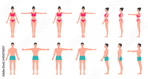 Young adult human body anatomy. People full-length figures  a man and a woman. Standing silhouette. A vector cartoon illustration.