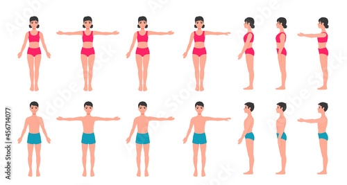 Children's body anatomy. A child girl, a boy. Kids full-length figure. A front view, a side view. A vector cartoon illustration.