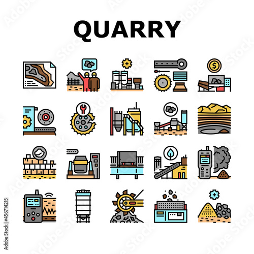 Quarry Mining Industrial Process Icons Set Vector. Quarry Mining Equipment And Machine Technology, Industry Iron And Coal Processing Line. Vibration Assessment Device Color Illustrations