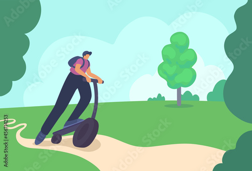 A boy rides an electric push scooter in a summer park. A stunt scooter, kick scooter. A man moving with an e-scooter. A vector cartoon illustration with a summer landscape.