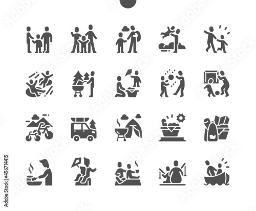 Family outdoor recreation. Summer activities. Picnic and barbecue. Happy family. Vector Solid Icons. Simple Pictogram