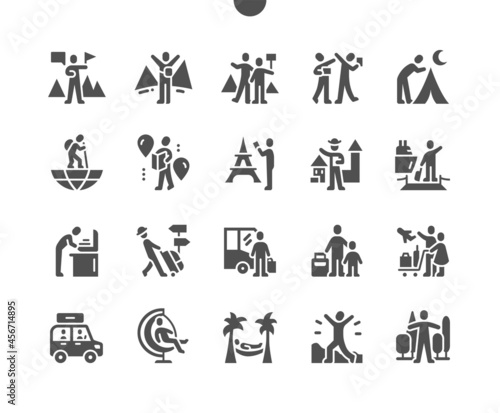 Travel people. Traveling and camping. Guide. Suitcase  airport  beach  forest  relax. Travel car. Vector Solid Icons. Simple Pictogram