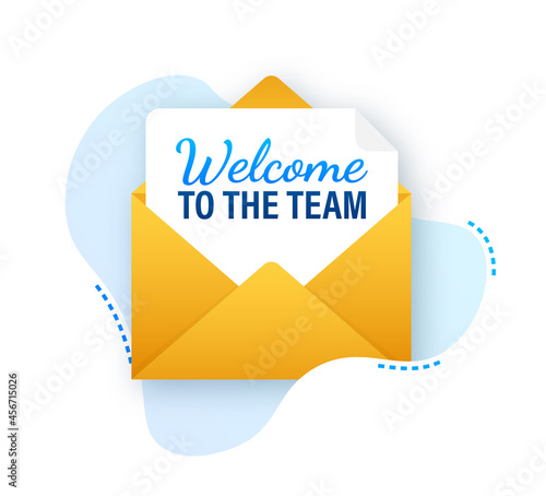 Icon with welcome team for banner design. Business communication vector banner. Cartoon font.
