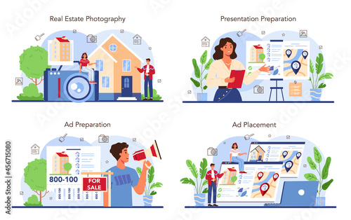 Real estate industry set. Property selling advertising, apartment rent advert
