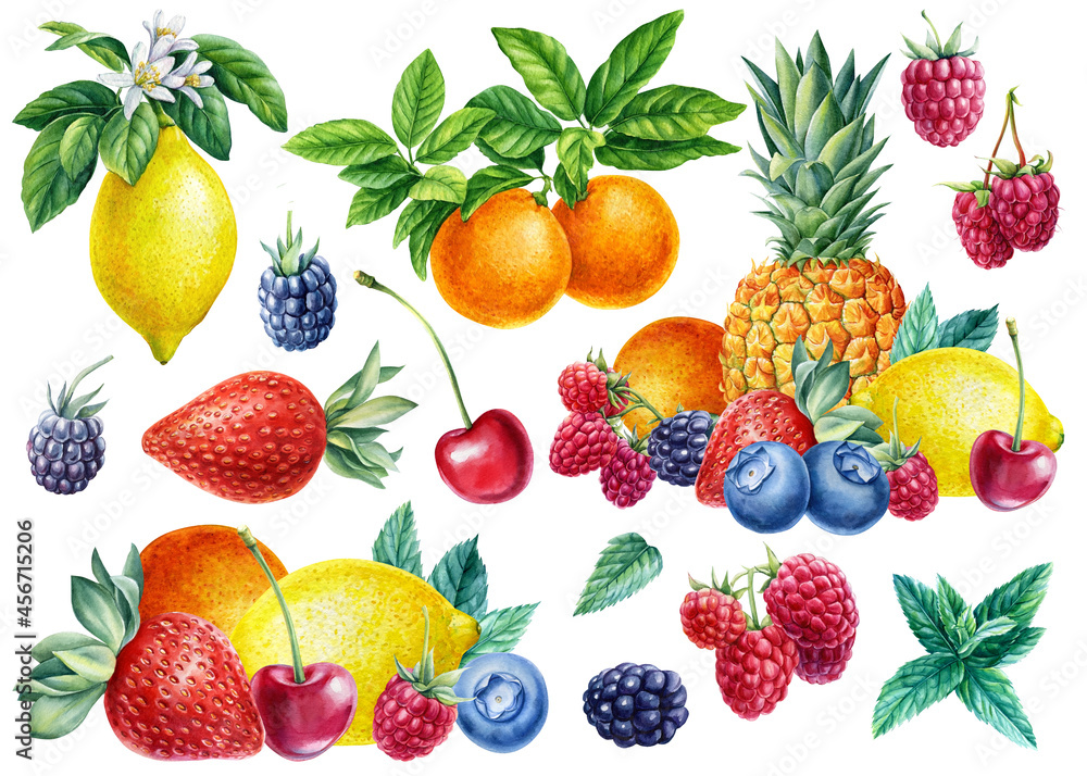 Sweet fruits and berries. Watercolor lemon, tangerine, pineapple, raspberry, cherry, blackberry and strawberry and mint Sweet fruits and berries. Watercolor lemon, tangerine, pineapple, raspberry, cherry, blackberry and strawberry and mint