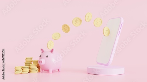 3D rendering, saving money concept. money transfer to the Mobile phone bank. wallet, coins, piggy bank