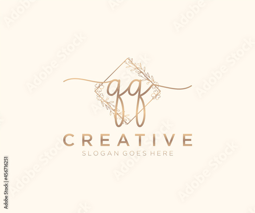 initial QQ Feminine logo beauty monogram and elegant logo design, handwriting logo of initial signature, wedding, fashion, floral and botanical with creative template.
