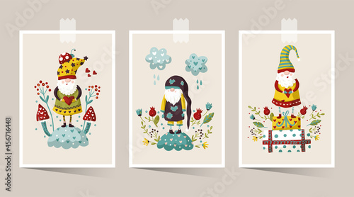 Vector cute colorful illustration of garden gnome with heart and flower. Cartoon elf kid illustration for print. Valentines card and poster set.