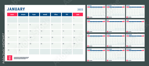 2022 Calendar - illustration. Template. Mock up Week starts Sunday