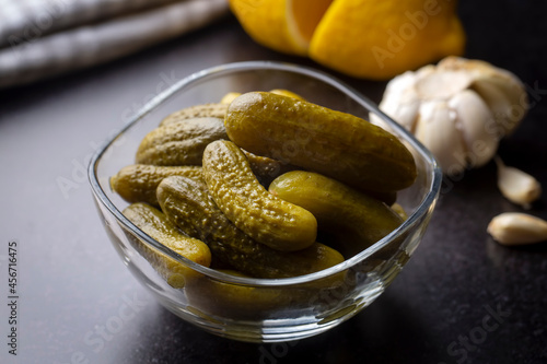 Fotografi Plate of gherkins, pickled cucumbers