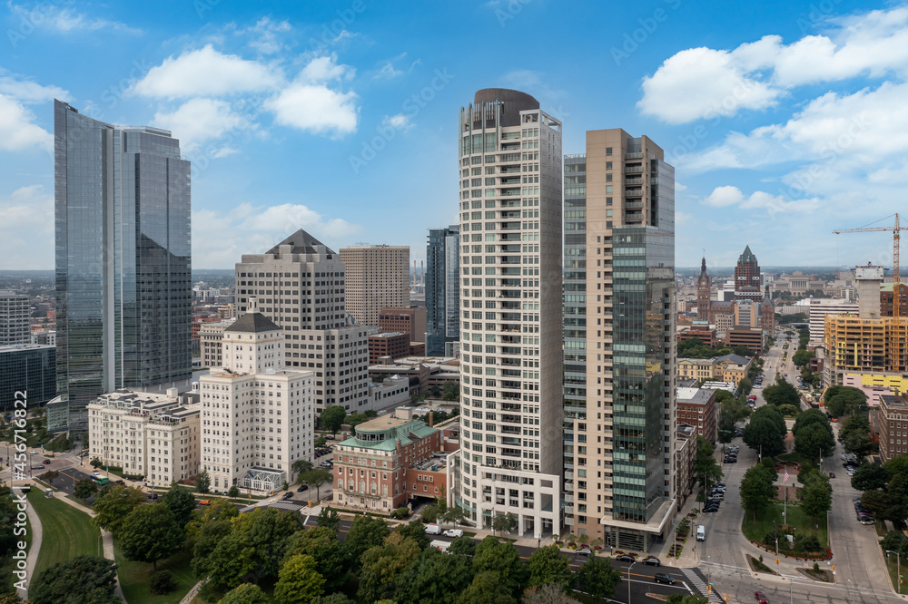 Milwaukee, WI USA - September 07 , 2021: Aerial view of the University Club Condos, Kilbourn Tower Condos,  Cudahy Tower Apts., the Northwestern Mutual tower 