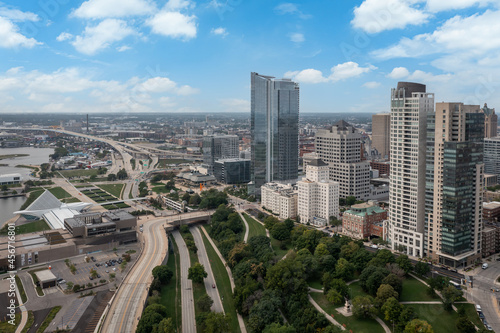 Milwaukee, WI USA - September 07 , 2021: Aerial view of the University Club Condos, Kilbourn Tower Condos,  Cudahy Tower Apts., the Northwestern Mutual tower, Juneau Park and the Milwaukee Art Museum photo