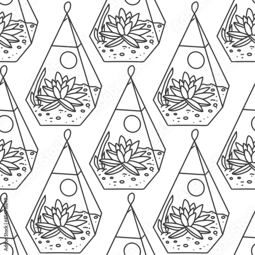 Seamless succulent and cactus plants seamless pattern. Vector tropical illustration of desert flowers in terrarium. Hand drawn line doodle nature print. Black and white art,