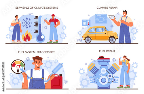 Car service set. Mechanic in uniform check a fuel and climate vehicle