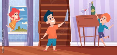 Kids dangerous. Bad games in interior with drugs electricity stranger risk situation for kids exact vector cartoon background