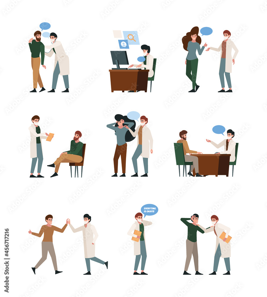 Medic dialogue. Patients talking with people doctor consulting garish vector flat illustrations set Medic dialogue. Patients talking with people doctor consulting garish vector flat illustrations set