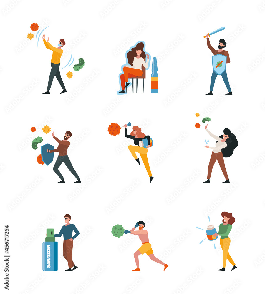 Immunity protection. Medical concept healthcare prevention shield from covid bacteria bad viruses garish vector illustrations collection Immunity protection. Medical concept healthcare prevention shield from covid bacteria bad viruses garish vector illustrations collection