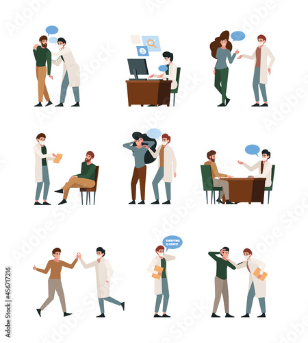 Medic dialogue. Patients talking with people doctor consulting garish vector flat illustrations set