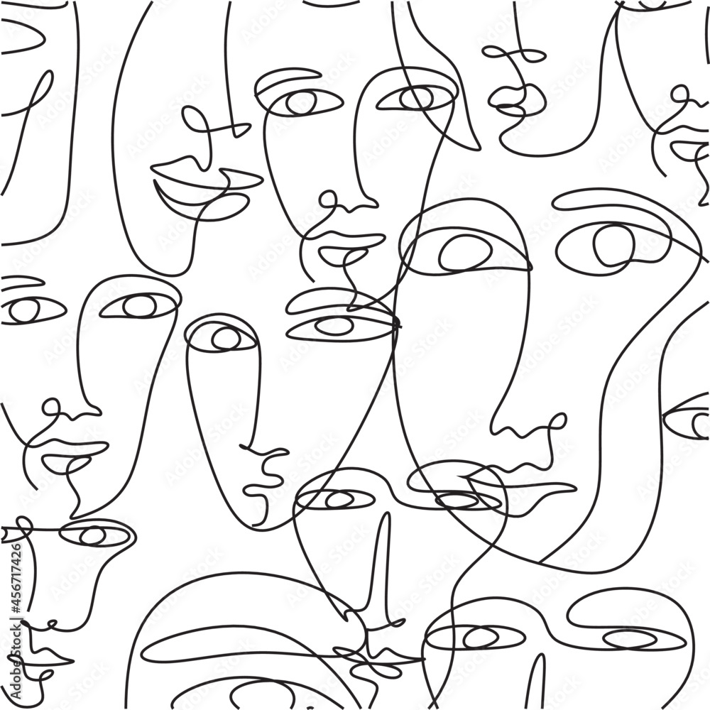 One line drawing abstract face seamless pattern. Modern minimalism art ...