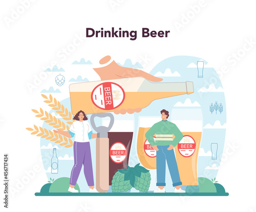 Beer concept. Glass bottle and vintage mug with craft alcohol drink