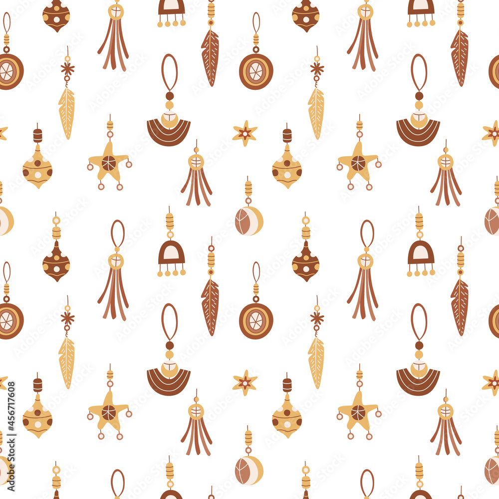 Vector seamless pattern with  boho Christmas baubles on white. Great for fabrics, wrapping papers, covers. Hand drawn flat illustration in earth tones.