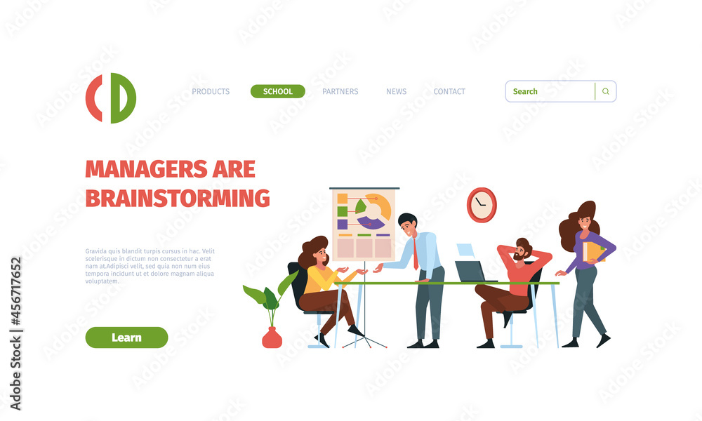 Business landing. Managers brainstorming dialogue active characters people dialogue business collaboration garish vector web page with place for text