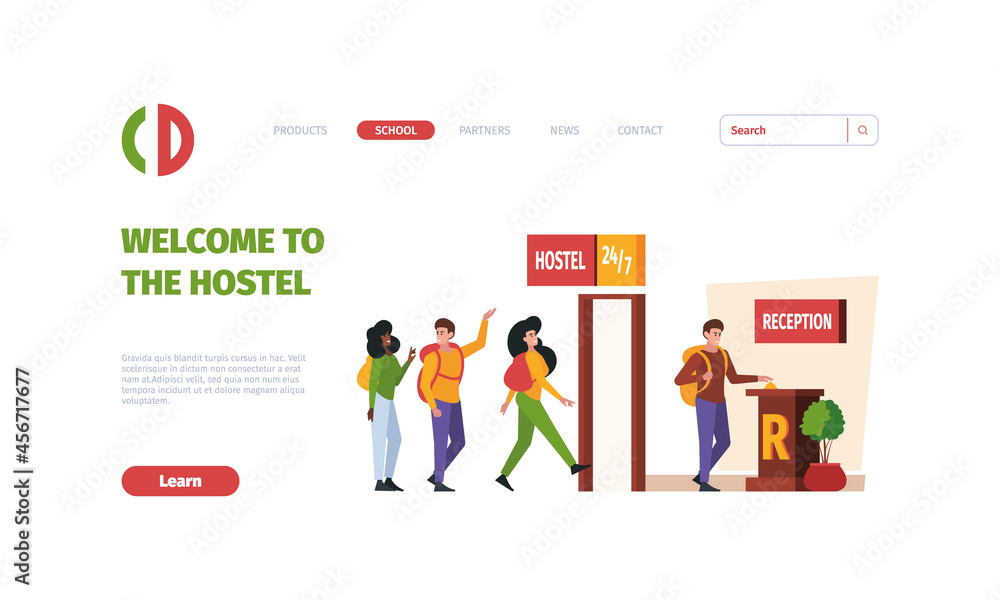 Hostel landing. Furniture bed chairs shelves and sofa interior modern equipment for simple free lifestyle garish vector hotel web page template Hostel landing. Furniture bed chairs shelves and sofa interior modern equipment for simple free lifestyle garish vector hotel web page template