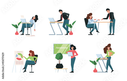 Business characters. Office managers sitting talking business dialogues collaboration persons conferences and brainstorming speaking activity people garish vector flat concept