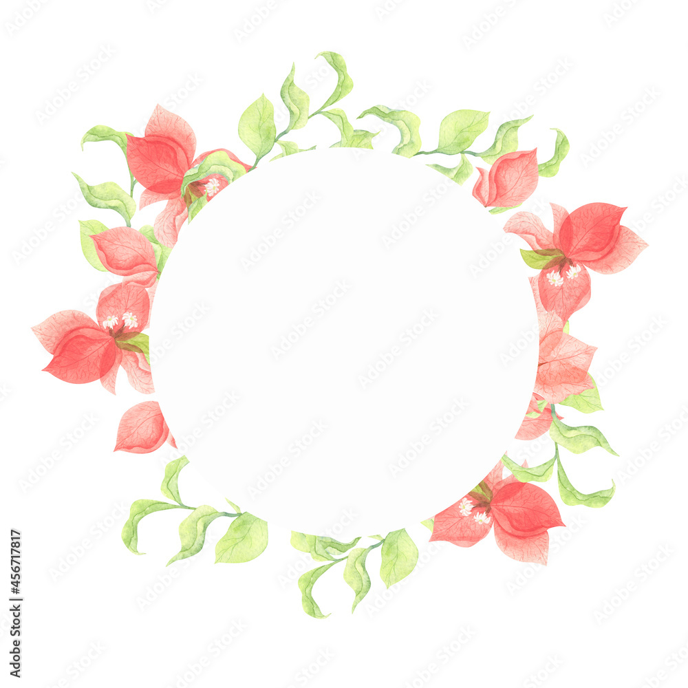 Round frame with red bougainvillea flowers. Round frame with red bougainvillea flowers.