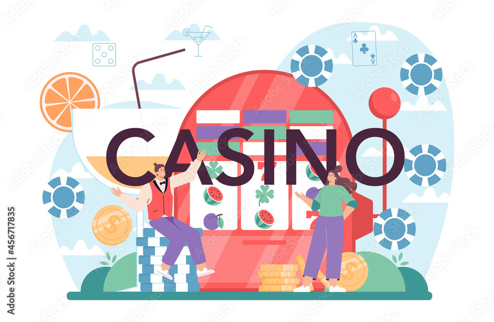 Casino typographic header. Person in uniform behind a gambling counter