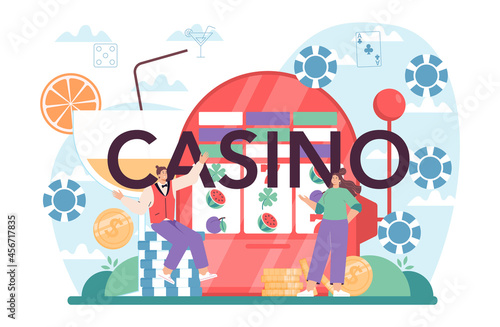 Casino typographic header. Person in uniform behind a gambling counter