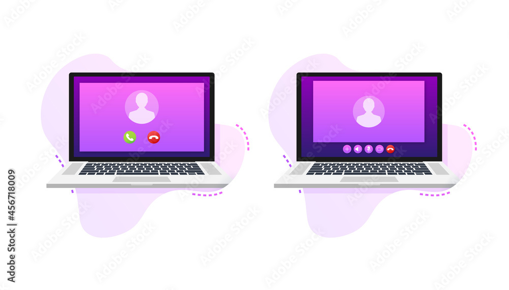 Incoming video call on laptop. Laptop with incoming call, man profile picture and accept decline buttons. Vector stock illustration. Incoming video call on laptop. Laptop with incoming call, man profile picture and accept decline buttons. Vector stock illustration.