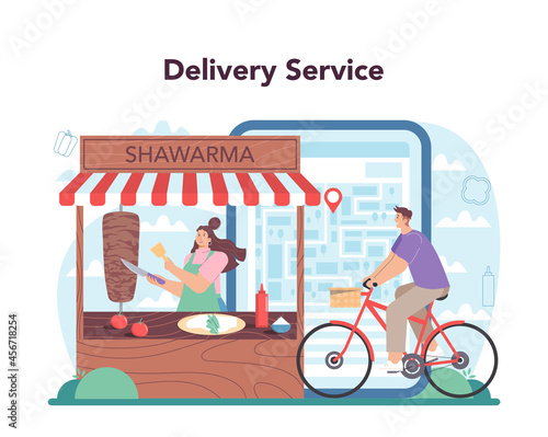 Shawarma street food online service or platform. Chef cooking delicious