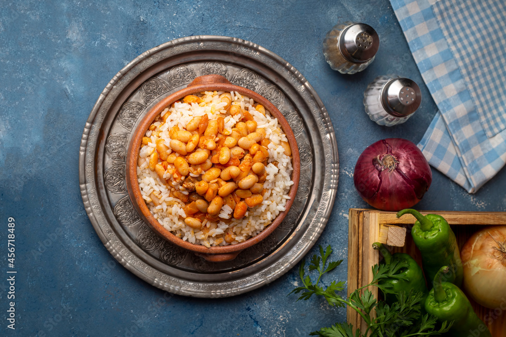 Traditional Turkish cuisine. Kuru Fasulye . Haricot Beans, rice and
